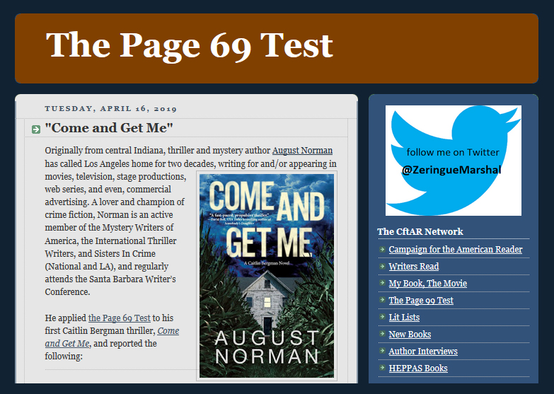 Marshal Zeringue invites thriller author August Norman to apply his Page 69 Test to Come and Get Me: A Caitlin Bergman Novel