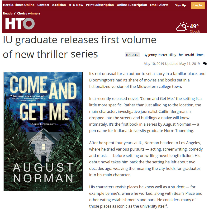 Read more about the article The Bloomington Herald-Times Interviews Thriller Author August Norman about Come and Get Me